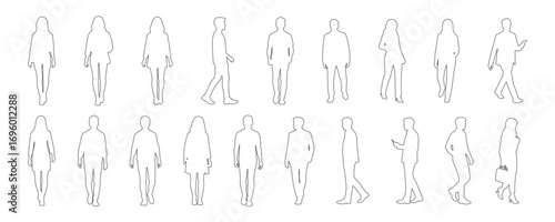 Architectural Drawings  modern people walking in various directions outline vector illustration,  front and side views, human person Minimal style hand drawn. Sections, Elevations, Floor Plans
