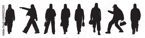 Architectural Drawings fashion models walking in various runway and streetwear poses silhouette vector illustration, front view, human person Minimal style hand drawn. 