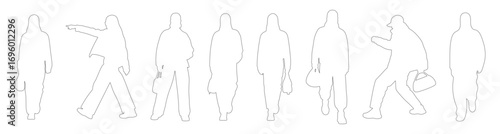 Architectural Drawings fashion models walking in various runway and streetwear poses outline vector illustration, front view, human person Minimal style hand drawn. Sections, Elevations, Floor Plans