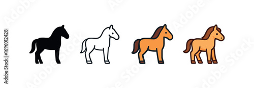Vector icon horse standing same pose same proportions four styles black solid glyph outline minimal flat multicolor filled cartoon flat shaded.