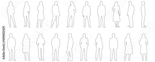 Architectural Drawings fashionable people standing in stylish modern clothing outline vector illustration, front and side view, human person Minimal style hand drawn. Sections, Elevations, Floor Plans