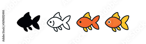 Vector icon goldfish swimming same pose same proportions four styles black solid glyph outline minimal flat multicolor filled cartoon flat shaded.