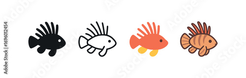 Vector icon lionfish fins same pose same proportions four styles black solid glyph outline minimal flat multicolor filled cartoon flat shaded.