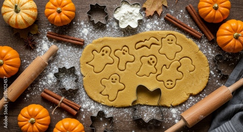 Delightful halloween baking preparation scene with cookie dough and pumpkins
