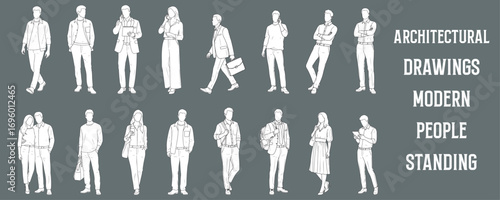 Architectural Drawings modern people standing in various casual and professional poses vector illustration, front view, human person Minimal style hand drawn. Sections, Elevations, Floor Plans