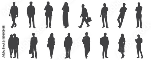 Architectural Drawings modern people standing in various casual and professional poses silhouette vector illustration, front view, human person Minimal style hand drawn. 