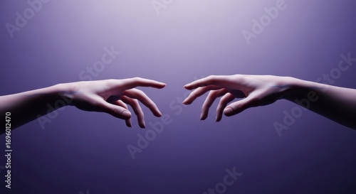 Approaching Touch: A symbolic representation of human connection, a tender, near-touch between two hands, against a backdrop of gentle purple light, capturing intimacy.