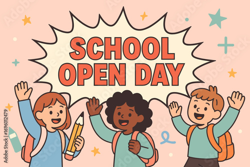 School Open Day banner flat vector illustration bold oversized text inside comic burst cartoon characters waving with backpacks and pencils pastel colors in blush pink mint green powder.