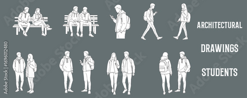 Architectural Drawings students and young people with backpacks, sitting, walking, and standing, casual fashion vector illustration, front view, human person Minimal style hand drawn. 