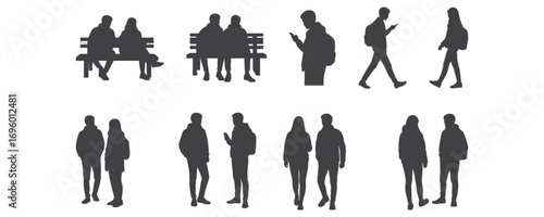 Architectural Drawings students and young people with backpacks, sitting, walking, and standing, casual fashion silhouette vector illustration, front view, human person Minimal style hand drawn. 