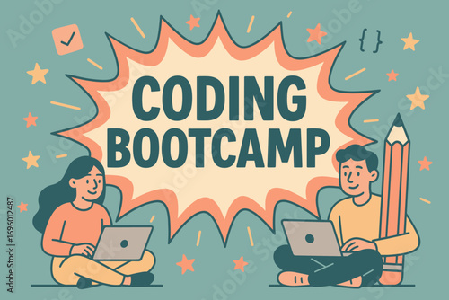 Coding Bootcamp banner flat vector illustration bold oversized text inside splash explosion cartoon characters sitting with laptops and pencils pastel colors in dusty teal butter pastel.