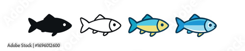 Vector icon sardine fish same pose same proportions four styles black solid glyph outline minimal flat multicolor filled cartoon flat shaded.