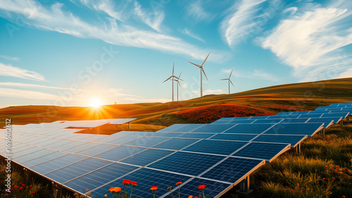 Modern solar power plant with wind turbines, advanced technology details.