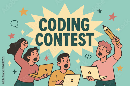 Coding Contest banner flat vector illustration bold oversized text inside splash explosion cartoon characters shouting with laptops and pencils pastel colors in mint green butter dusty rose.