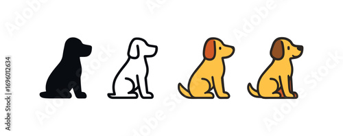 Vector icon dog sitting same pose same proportions four styles black solid glyph outline minimal flat multicolor filled cartoon flat shaded.