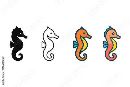Vector icon seahorse curved same pose same proportions four styles black solid glyph outline minimal flat multicolor filled cartoon flat shaded.