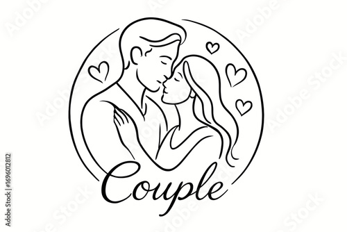 Couple thin line calligraphy delicate balanced strokes surrounded by hearts circular frame composition clean white background vector look high contrast.
