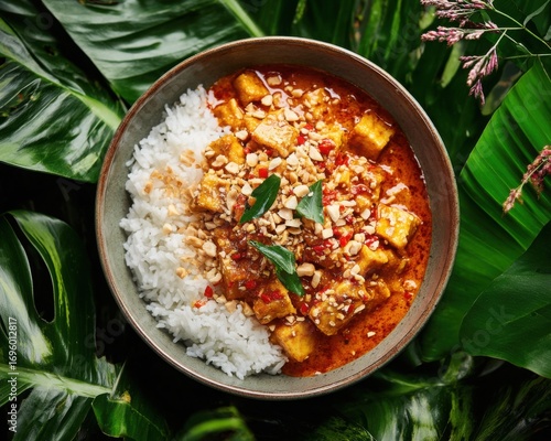 Authentic Thai red curry tofu with steamed jasmine rice and crushed peanuts in tropical setting