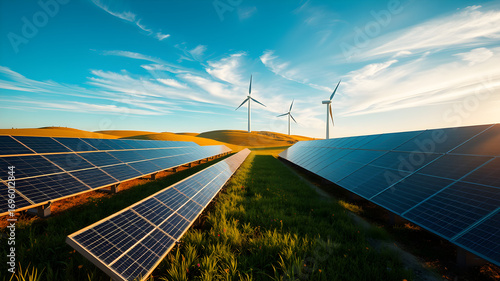 Zero carbon energy from sun and wind over grassy hills, climate solution.