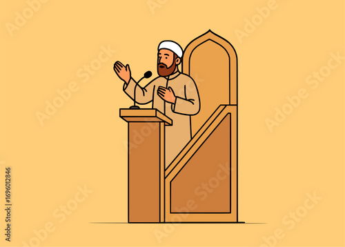 Imam leading prayer on wooden minbar islamic religious sermon vector illustration
