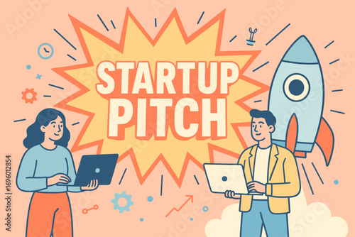 Startup Pitch banner flat vector illustration bold oversized text inside splash explosion cartoon characters standing with laptops and rocket pastel colors in pastel coral butter powder.