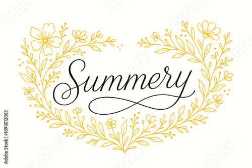 Summery thin line calligraphy delicate bright strokes surrounded by floral details horizontal balanced layout clean white background vector look high contrast.