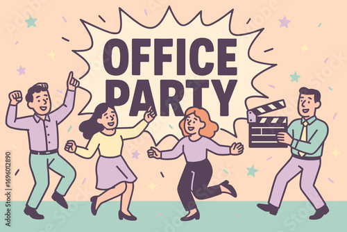 Office Party banner flat vector illustration bold oversized text inside comic burst cartoon characters dancing with clapper board pastel colors in peach beige mint aqua pale lilac high.
