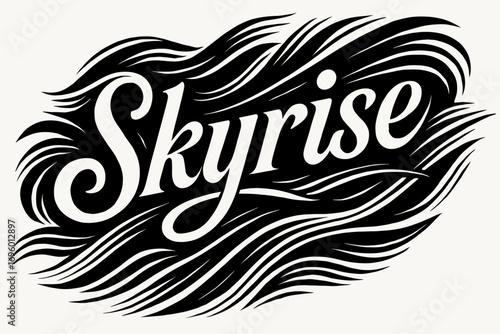 Skyrise bold vintage calligraphy expansive luminous strokes surrounded by abstract waves diagonal decorative composition clean white background vector look high contrast.