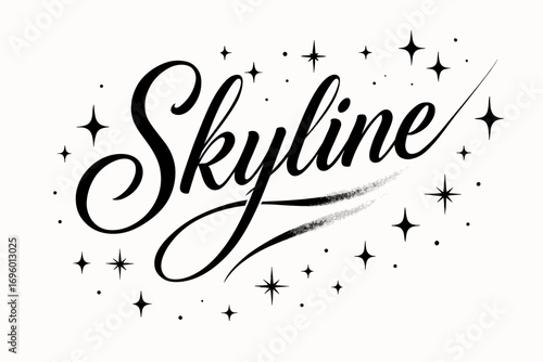Skyline elegant calligraphy lettering luminous horizon flow surrounded by sparkles diagonal decorative composition clean white background vector look high contrast.