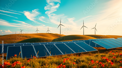 Clean energy farm with solar arrays and windmills under blue sky.