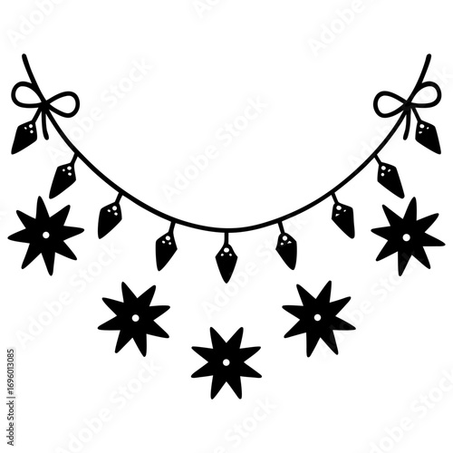 Festive Black and White Holiday Decoration with Stars and String Lights Garland Doodle Illustration