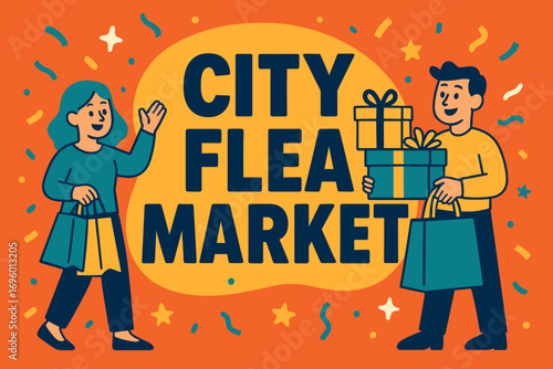 City Flea Market banner flat vector illustration bold oversized text inside rounded blob cartoon characters standing by banner with shopping bags and gift boxes bright solid colors in adobe.