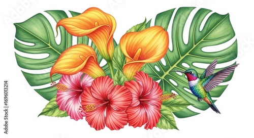 Tropical floral paradise: Brightly colored flowers of different types in a vibrant composition including a hovering hummingbird, creating an enchanting nature-inspired illustration.