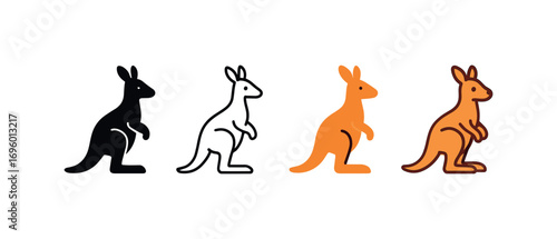 Vector icon kangaroo standing same pose same proportions four styles black solid glyph outline minimal flat multicolor filled cartoon flat shaded.