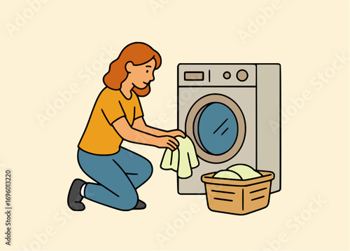 Woman loading laundry into washing machine with basket vector illustration scalable eps file