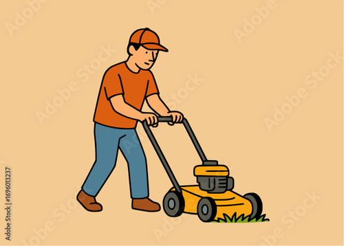Man with lawnmower illustration vector graphic for landscaping and gardening services eps file