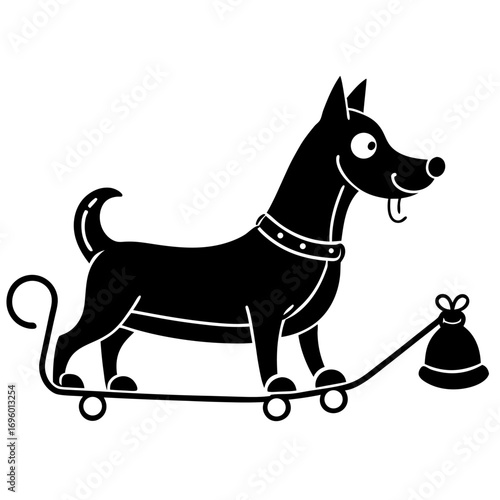 Playful Cartoon Dog on Wheels Pulling a Bag Silhouette with Exaggerated Features and Whimsical Design