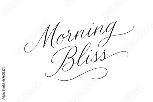 Morning Bliss thin line calligraphy light airy strokes minimal design none diagonal decorative composition clean white background vector look high contrast.