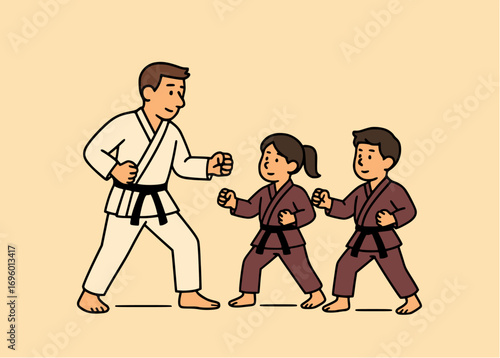Martial arts training illustration of a sensei teaching two children karate or taekwondo techniques