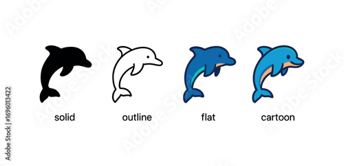 Vector icon dolphin jumping same pose same proportions four styles black solid glyph outline minimal flat multicolor filled cartoon flat shaded.