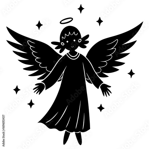 Mystical Angel Silhouette with Wings and Halo Surrounded by Sparkling Stars a Divine Illustration
