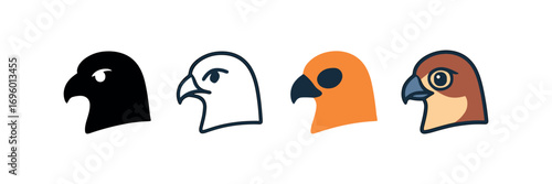 Vector icon falcon head same pose same proportions four styles black solid glyph outline minimal flat multicolor filled cartoon flat shaded.
