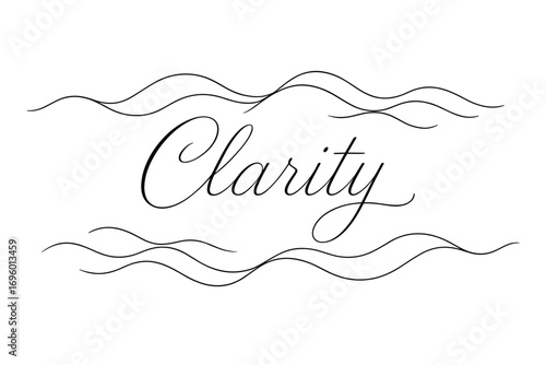 Clarity thin line calligraphy minimal elegant flow surrounded by abstract waves horizontal balanced layout clean white background vector look high contrast.