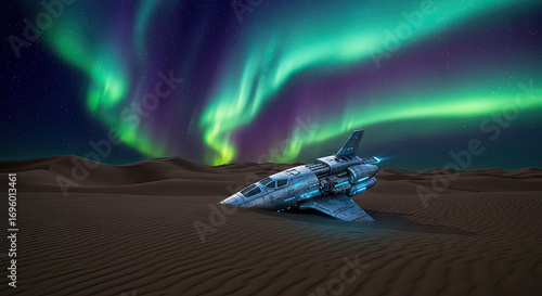 Metallic Spaceship Crashed in Sandy Desert with Aurora Borealis