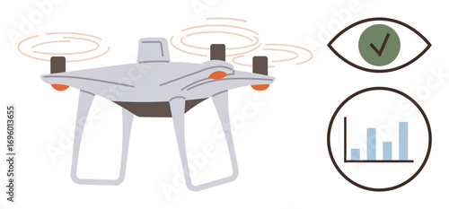 Quad Quadcopter with spinning propellers alongside analytics chart and checkmark icons emphasizing surveillance, technology, and data insights. Ideal for innovation, tech trends, monitoring, analysis