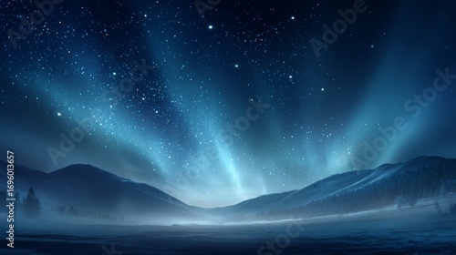 Magical winter night sky, glowing stars forming subtle Christmas shapes, aurora borealis shimmer, snowy hills at the bottom, dreamy composition with empty space in the middle for text, 16:9
