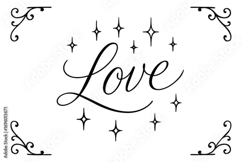 Bright thin line calligraphy radiant minimal strokes surrounded by sparkles centered with corner ornaments clean white background vector look high contrast.
