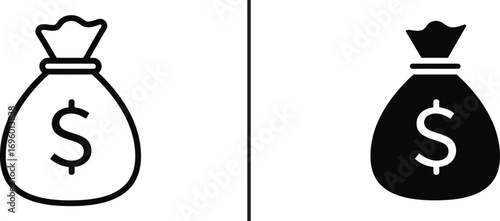 Money Bag Icon: A minimalist illustration of a money bag, featuring a prominent dollar sign, set against a clean backdrop, ideal for financial themes. 