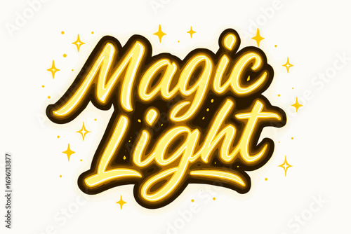 Magic Light modern hand lettering with glowing bold strokes surrounded by sparkles horizontal balanced layout clean white background vector look high contrast.