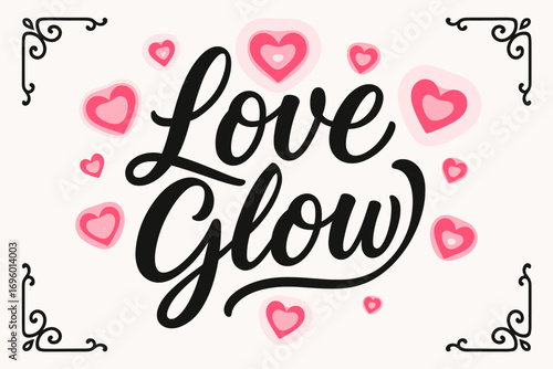 Love Glow modern hand lettering romantic playful flow surrounded by glowing hearts centered with corner ornaments clean white background vector look high contrast.